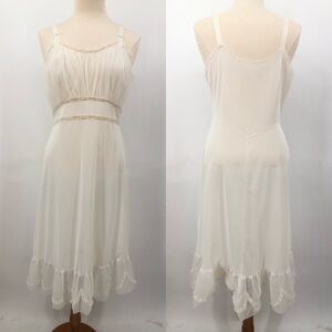 Vtg 60s SEAMPRUFE M/L 38 Midi Slip Dress ivory lace babydoll 0508 ruffle